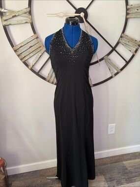 Niki Livas Black Halter Maxi Dress with with Sparkling Accents Neckline